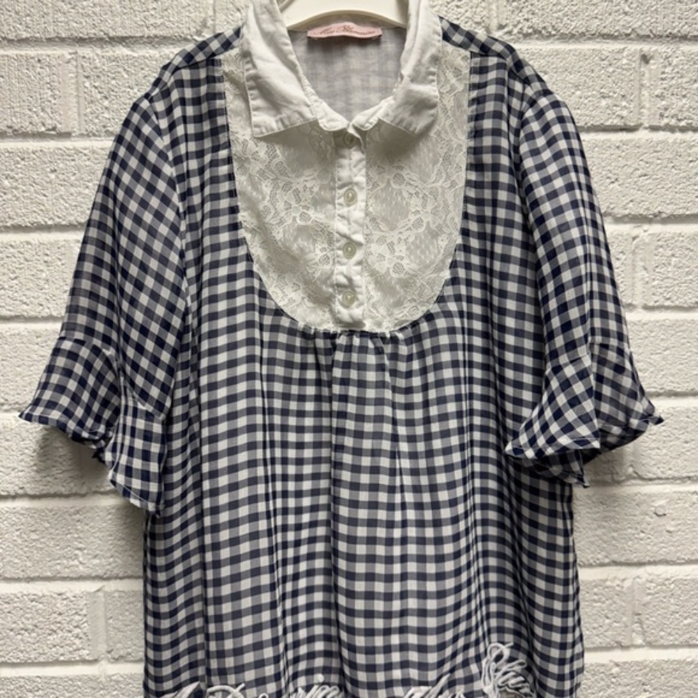 Navy Gingham Blouse with Lace Detail